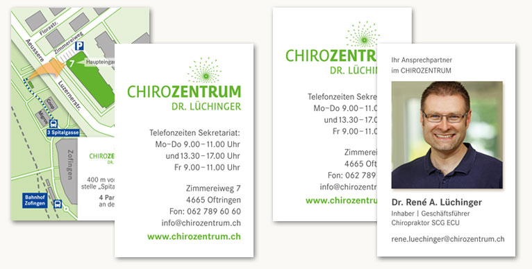 zweiseitige Visitenkarten mit Lageplan oder Portrait auf der Rückseite