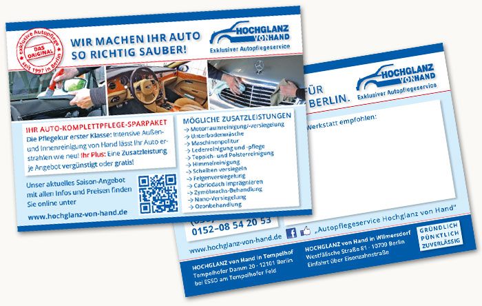 Flyerkarte zur Bewerbung von Autoreinigung